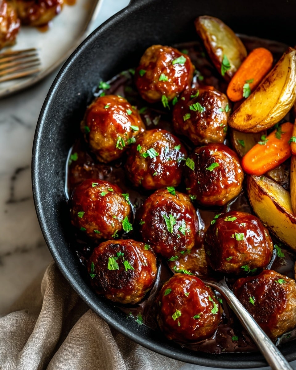 A dark pan filled with round, brown meatballs covered in glossy reddish-brown sauce, sprinkled with small green herb pieces. Among the meatballs are orange roasted carrot pieces and golden roasted potato wedges with a slightly crispy texture. The pan sits on a white marbled surface with a fork nearby and a partially eaten caramelized item out of focus in the background. photo taken with an iphone --ar 4:5 --v 7