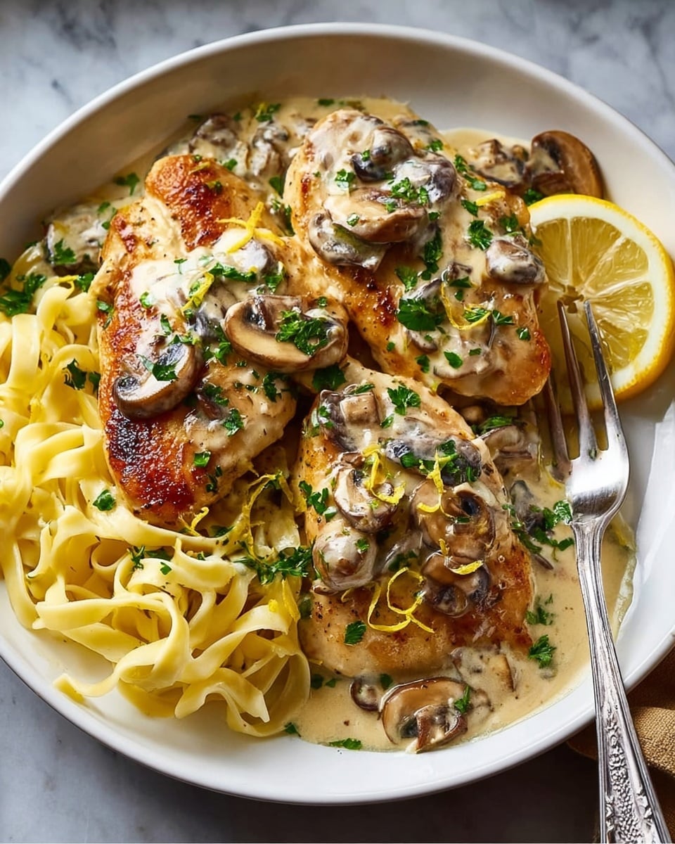 A white plate holds a dish with three golden brown browned chicken breasts covered with a creamy beige sauce filled with sliced brown mushrooms and sprinkled with chopped green parsley and small yellow lemon zest pieces. Underneath the chicken and sauce, there is a layer of light yellow fettuccine pasta, slightly twisted and coated with sauce. A thin lemon slice is placed on the side near the chicken. A silver fork rests on the right side of the plate, with its tines touching the pasta and sauce. The plate sits on a white marbled surface. Photo taken with an iphone --ar 4:5 --v 7