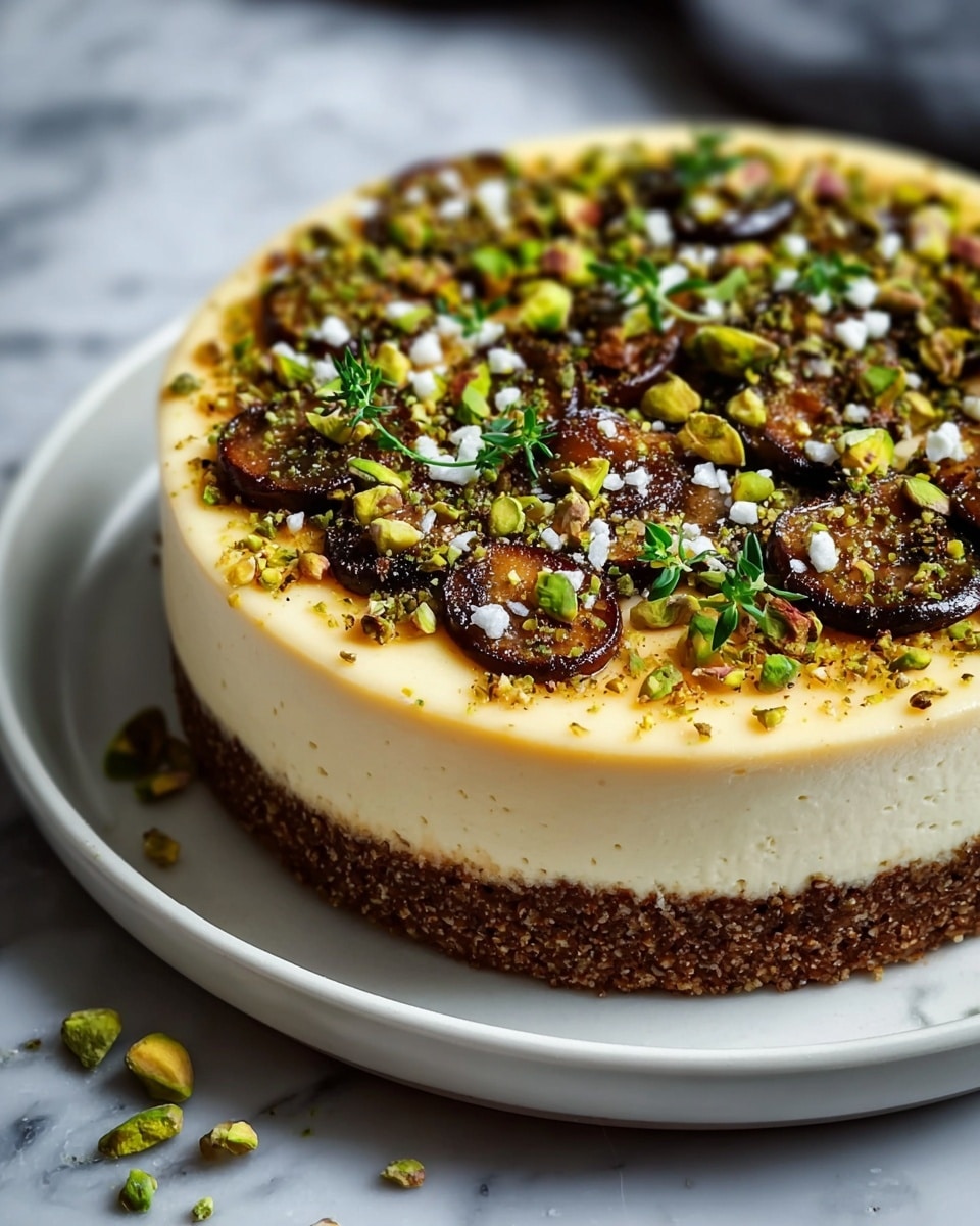 A round cheesecake with three distinct layers sits on a white plate over a white marbled surface. The bottom layer is a thick, crumbly, dark brown crust. Above it, the middle layer is a smooth, creamy pale yellow filling with a slight golden edge along the top. The top layer is decorated with dark brown sautéed mushrooms, bright green pistachios, scattered white crumb bits, and small green herb leaves, creating a textured and colorful finish. Photo taken with an iphone --ar 4:5 --v 7