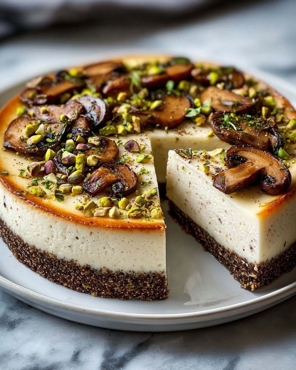 A round cheesecake with three layers sits on a white plate over a white marbled surface. The bottom layer is dark brown and crumbly, forming the crust. The middle layer is thick, creamy, and off-white. The top layer is a thin, light golden-brown baked surface. On top, there are several sliced brown mushrooms, green pistachio nuts, and small green herb leaves scattered evenly, adding texture and color contrast. One slice is removed, revealing the smooth separation of the layers. The photo taken with an iphone --ar 4:5 --v 7