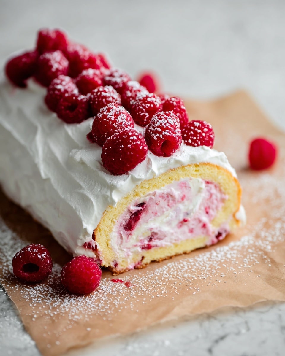 The image shows a rolled cake with three visible layers: a light yellow sponge cake on the outside, a pink cream filling with small bits of fruit inside, and a thick white whipped cream covering the whole cake. Bright red raspberries are placed on top and scattered around the cake. Some powdered sugar is sprinkled over the raspberries and the cake, placed on a brown paper over a white marbled textured surface. photo taken with an iphone --ar 4:5 --v 7