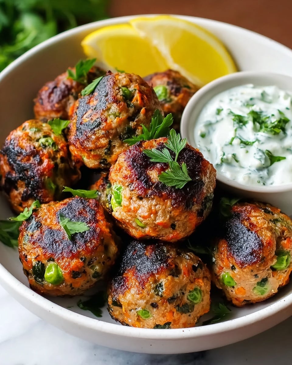 A white bowl holds nine grilled vegetable meatballs that are round and browned with char marks, showing bits of green peas and orange carrot inside. The meatballs are sprinkled with fresh green parsley. To the back right, there is a scoop of white creamy sauce with chopped green herbs mixed in. Behind the meatballs, there are two lemon wedges, one yellow and one green, adding a fresh touch. The bowl sits on a white marbled surface. photo taken with an iphone --ar 4:5 --v 7