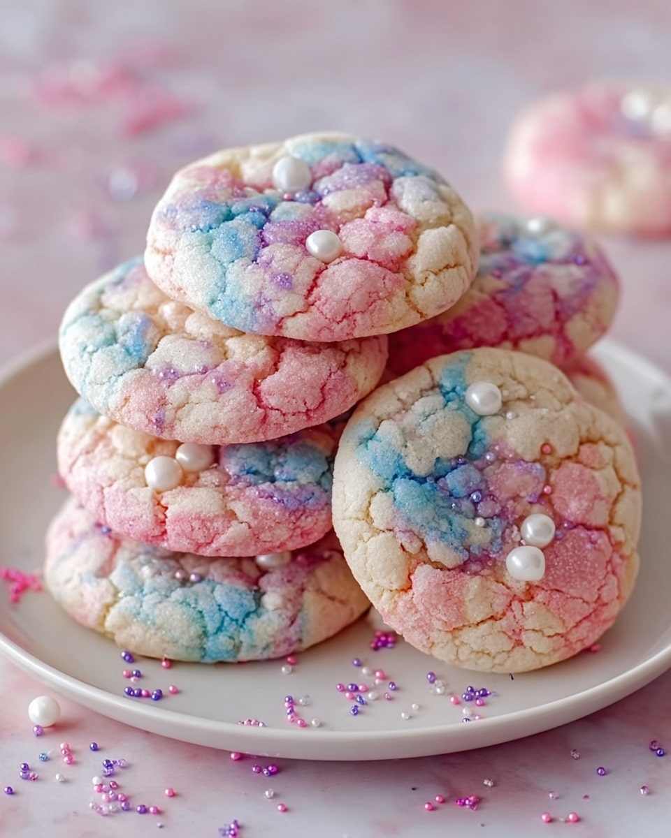 A white plate is stacked with seven round cookies showing a cracked texture on top. Each cookie has a marbled mix of pastel pink, blue, and white swirls blending softly. Small, shiny white pearl-like sprinkles are scattered on top of the cookies, with some colored sprinkles like pink and purple lightly surrounding the plate. The background has a soft pink tone with a white marbled surface visible under the plate. photo taken with an iphone --ar 4:5 --v 7