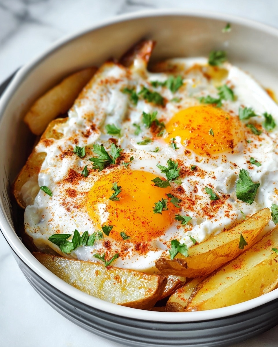 This image shows a dish with two sunny-side-up eggs on top, their bright orange yolks sitting in the middle of firm, white cooked egg whites sprinkled with small green parsley leaves and a light dusting of reddish-brown spice. Below the eggs, there are thick potato wedges with a golden-brown crust, arranged in a layered way inside a white bowl, revealing soft, light yellow insides. The background is a white marbled texture. The dish looks fresh and warm. photo taken with an iphone --ar 4:5 --v 7