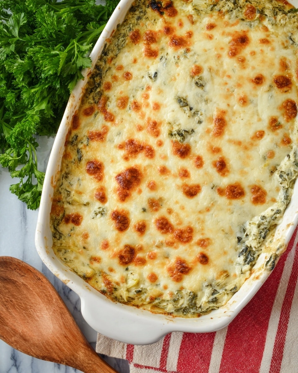 A white baking dish filled with a creamy layered spinach artichoke dip is shown, where the top layer is golden brown melted cheese with small browned spots and a slightly bubbly texture. Underneath the cheese, bits of green spinach and light beige artichoke pieces peek through. The dish sits on a white marbled surface with a bunch of fresh green parsley and a large wooden spoon with a smooth texture in the background, along with a red and white striped cloth partially visible. Photo taken with an iphone --ar 4:5 --v 7