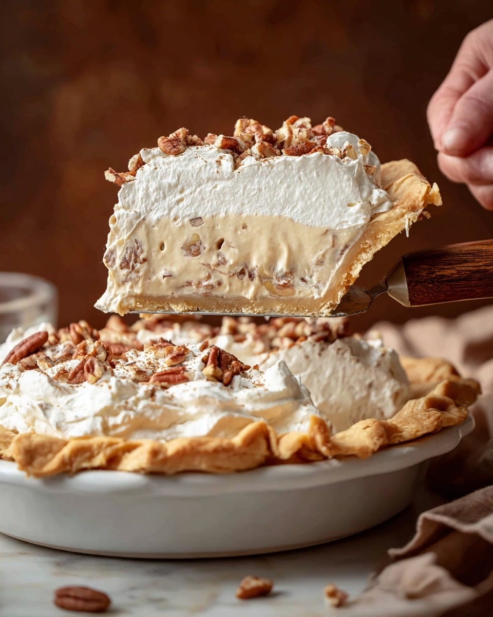 A slice of pie being lifted from a white pie dish, showing three distinct layers: the bottom layer is a golden, flaky pie crust with a slightly crimped edge, the middle layer is a creamy, light beige filling with small nut pieces visible, and the top layer is a thick, fluffy white whipped cream sprinkled with chopped pecans. The pie dish is set on a white marbled surface; the background is blurred and warm brown. The wooden handle of the pie server is held by a woman's hand. photo taken with an iphone --ar 4:5 --v 7