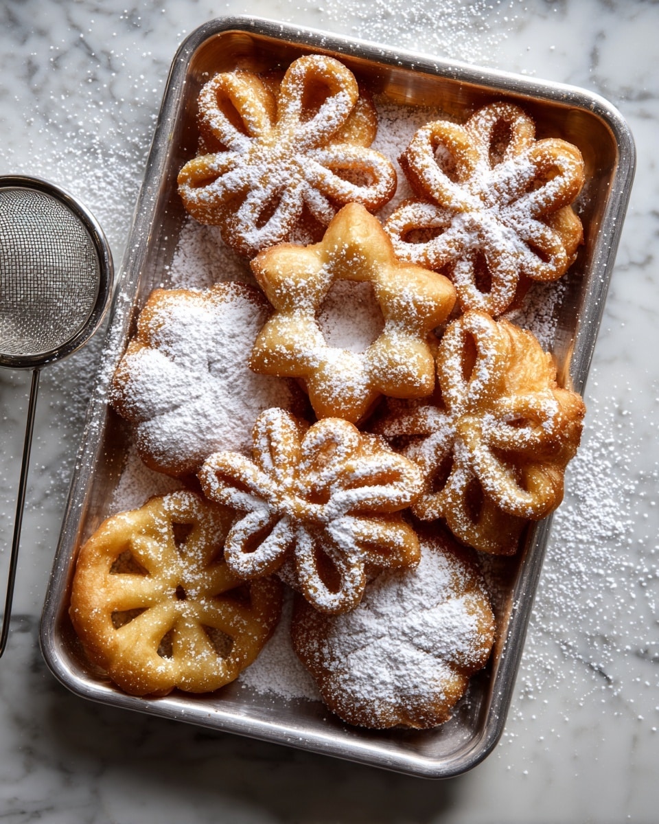 A white plate filled with a pile of golden brown, crisp thin cookies shaped like flowers, stars, and circles with intricate cutout patterns. The cookies are lightly dusted with powdered sugar, creating a soft white contrast against the warm brown. Powdered sugar is also scattered around the plate on a white marbled surface, adding a textured look to the scene. photo taken with an iphone --ar 4:5 --v 7