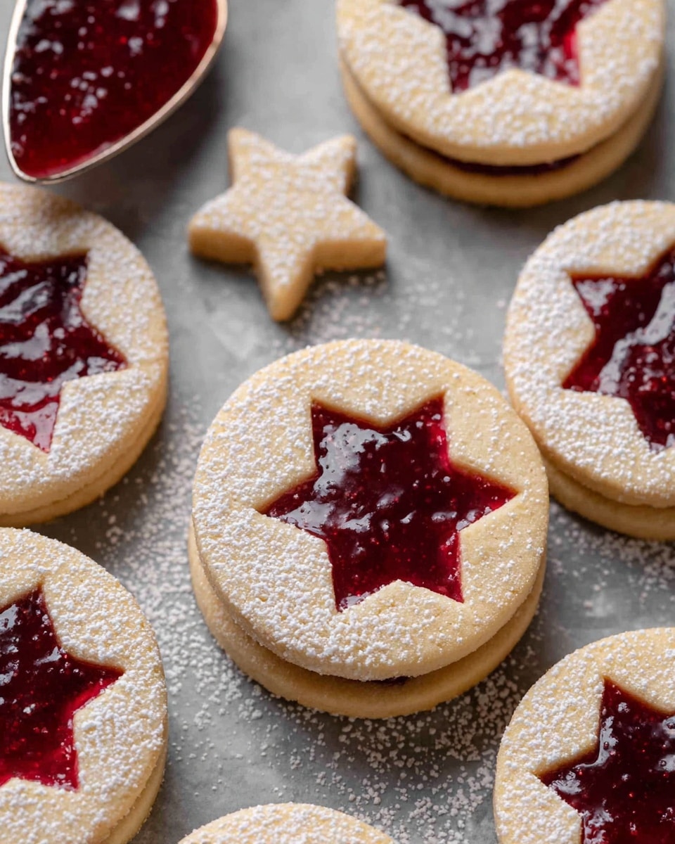 The image shows round sandwich cookies arranged on a white marbled textured surface. Each cookie has two light beige layers of soft dough, with the bottom layer solid and the top layer featuring a star-shaped cutout in the middle. Inside the star cutout, a bright red jam with a glossy, slightly chunky texture is visible, showing through the top layer. The entire top cookie surface is dusted with a fine layer of powdery white sugar. On some cookies, there is a small five-pointed star-shaped cookie resting on top, matching the light beige color and dusted with sugar. A silver spoon holding more of the glossy red jam is placed in the background, slightly out of focus. photo taken with an iphone --ar 4:5 --v 7
