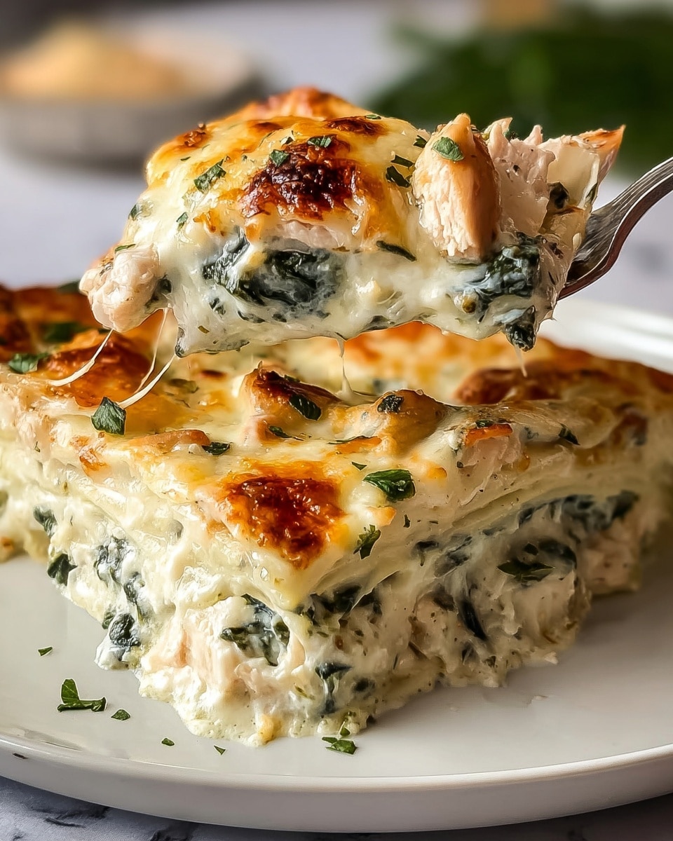 A close-up of a slice of white sauce lasagna served on a white plate with a white marbled texture under it. The lasagna has three visible layers: the top layer is golden-brown melted cheese with small pieces of green herbs and bits of chicken, the middle layer is creamy white sauce mixed with dark green spinach leaves, and the bottom layer is a pale pasta sheet. The slice is being lifted with a silver fork, showing the thick and gooey texture of the cheese and sauce. Photo taken with an iphone --ar 4:5 --v 7