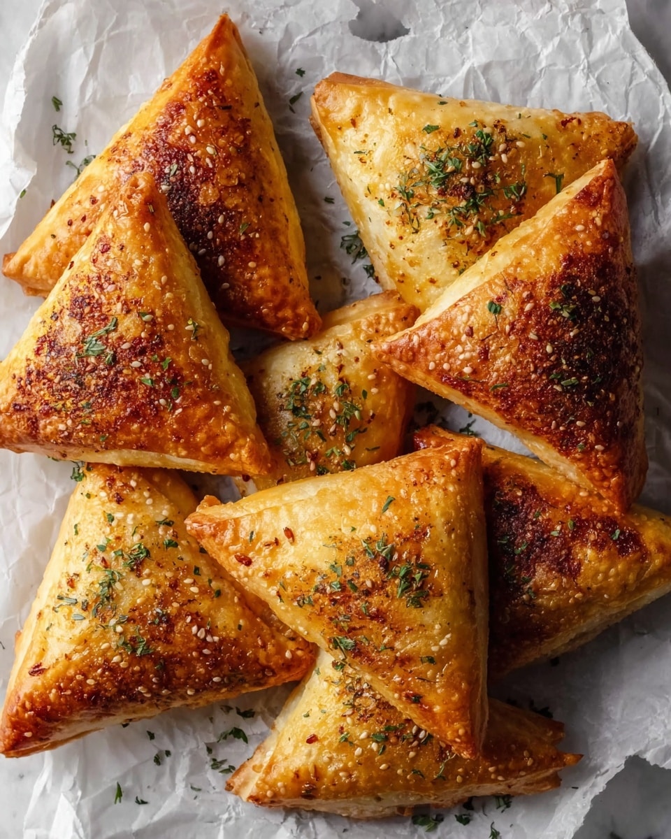 Seven golden brown triangular pastries are placed on crumpled white baking paper over a white marbled surface. Each pastry has a flaky, crispy texture with slightly browned edges and sprinkled herbs and spices on top, adding green and red specks over the shiny, golden crust. The triangles are arranged close to each other, showing multiple layers of delicate dough that have puffed up during baking, creating a light and airy look. Some pastries have a darker, more toasted top with visible seeds, while others remain a lighter golden color with a smooth surface. photo taken with an iphone --ar 4:5 --v 7