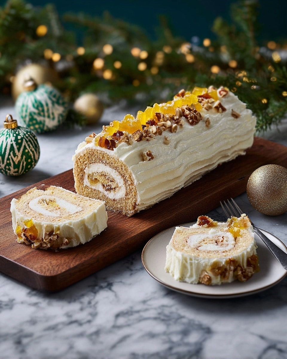 A rolled cake log sits on a wooden board with two thick slices cut, showing a soft, light brown sponge cake layered with white creamy filling spiraled inside. The cake’s outside is covered with a smooth white frosting, topped with pieces of crunchy nuts and translucent yellow candied fruit bits running along the top center. To the right, one slice rests on a white plate, with more candied fruit and nuts attached to the frosting edge. The background has blurred green pine branches and green-and-white patterned Christmas ornaments, all on a white marbled surface. Photo taken with an iphone --ar 4:5 --v 7