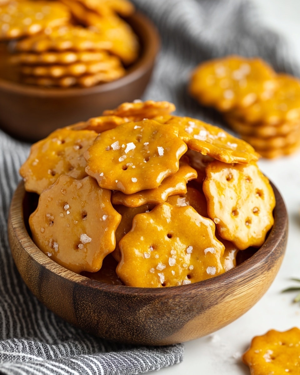 A white bowl filled with small, round, golden brown crackers that are shiny and covered with a sticky caramel glaze and small white sugar crystals. The crackers are stacked in the bowl, showing their bumpy texture and slightly uneven surfaces. Some crackers have spilled out onto a white marbled surface around the bowl. A white and gray cloth is partially visible near the bowl. The lighting highlights the glossy shine of the caramel coating. photo taken with an iphone --ar 4:5 --v 7