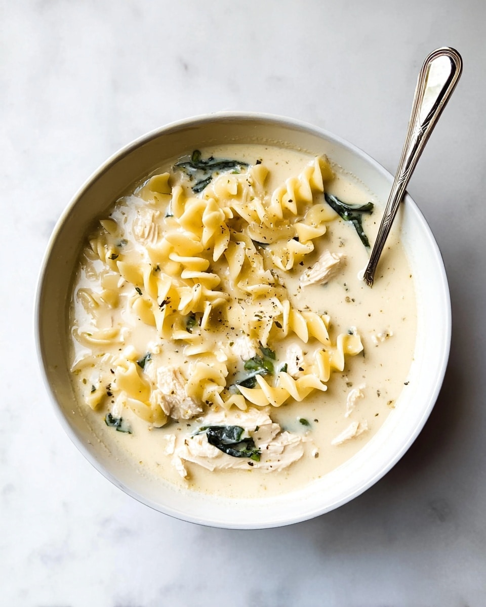 A white pot filled with creamy pasta soup showing three main layers: the thick, light beige creamy broth dotted with tiny herbs, soft curly-edged pale yellow pasta pieces floating throughout, and scattered shredded white chicken pieces mixed with dark green spinach leaves. A silver ladle dips into the soup near the center, held by a handle that comes out of the pot. The pot sits on a white marbled surface. photo taken with an iphone --ar 4:5 --v 7