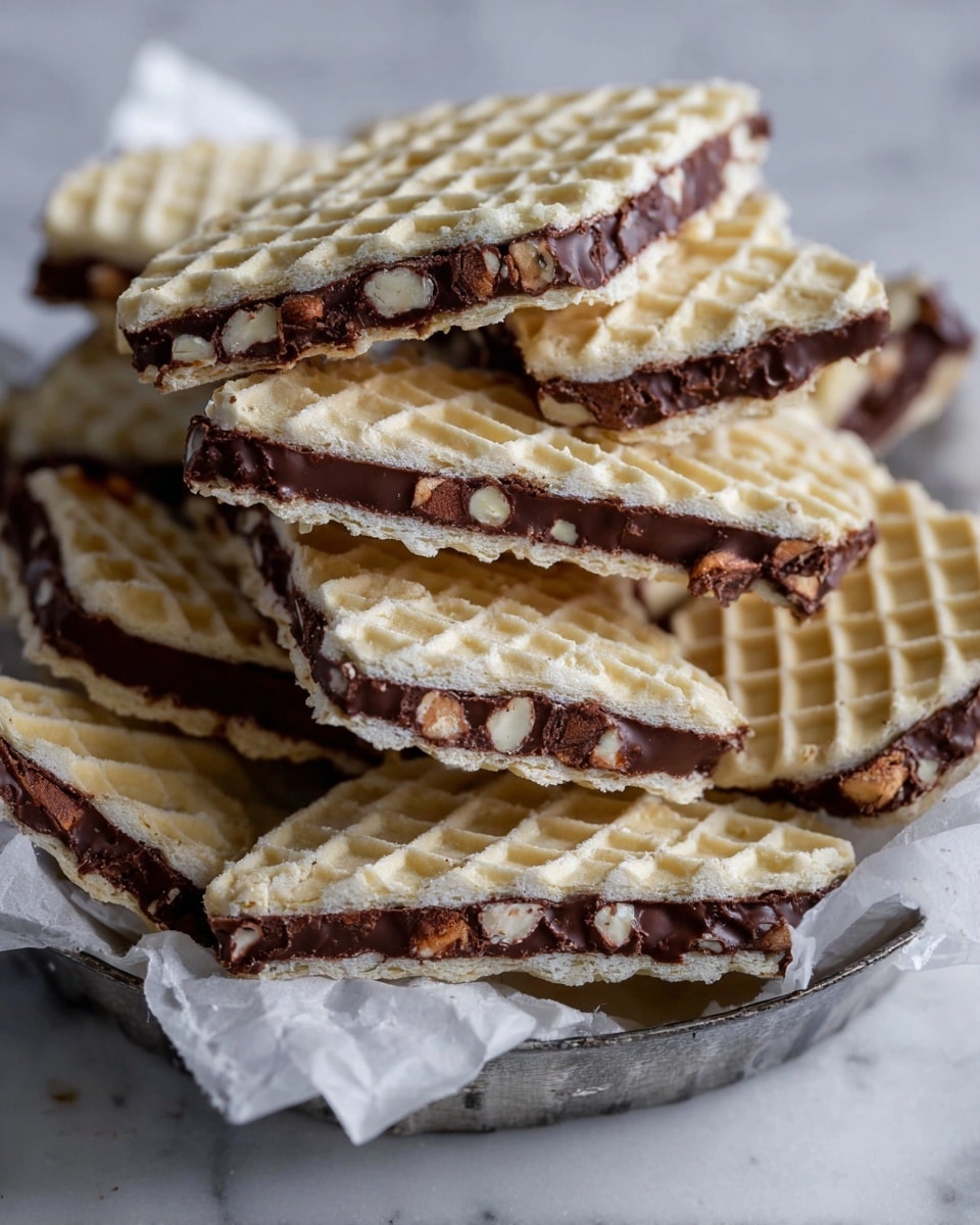A pile of diamond-shaped wafer cookies with three visible layers is shown on a white marbled surface. The top and bottom layers are light beige, crispy wafers with a grid pattern, while the middle layer is thick and dark brown chocolate studded with whole hazelnuts, creating a rough texture. The wafers are broken into smaller pieces, stacked unevenly on white parchment paper inside a silver tray, showcasing the contrast between the smooth wafers and the chunky nutty chocolate center. Photo taken with an iphone --ar 4:5 --v 7