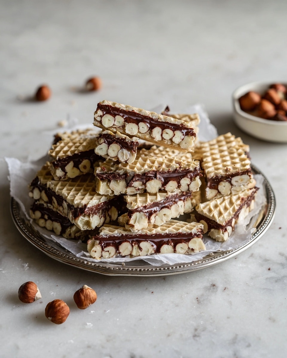 The image shows a silver tray filled with many diamond-shaped wafer bars. Each bar has three layers: the top and bottom layers are light beige, textured wafers with a grid pattern, while the middle layer is dark brown chocolate filled with whole hazelnuts. The bars are stacked in a pile, some leaning against each other. In the background, there is a small white bowl with hazelnuts. The scene is set on a white marbled surface scattered with a few hazelnuts. photo taken with an iphone --ar 4:5 --v 7