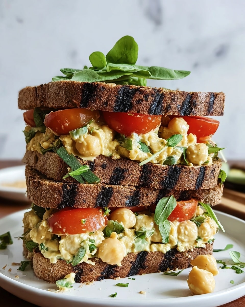 A triple-layer sandwich made with dark, grilled whole grain bread showing char marks on each slice, stacked on a white plate. The bottom layer has a creamy, pale yellow chickpea salad mixed with green herbs and whole chickpeas, and topped with slices of bright red tomatoes and fresh green leaves. The middle layer repeats the creamy chickpea salad with herbs and whole chickpeas, topped again with tomato slices and green leaves. The top bread slice is garnished with a fresh green herb leaf. Some chickpea salad spills slightly over the edge of the sandwich. The background is a white marbled texture. Photo taken with an iphone --ar 4:5 --v 7