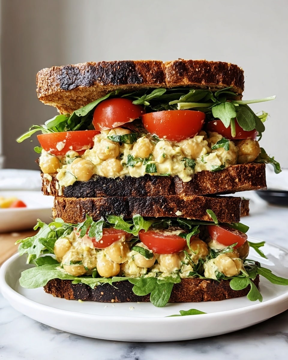 A tall sandwich with three thick slices of dark, toasted bread forms the base, each slice showing a rough, crispy texture with charred edges. Between the bottom two slices is a layer of fresh green leafy lettuce at the very bottom, topped by a creamy, pale yellow chickpea salad speckled with green herbs, and round pale beige chickpeas scattered throughout. Bright red tomato slices sit above this, adding a vibrant contrast. The middle slice of bread sits on top of this mix, holding another similar layer of leafy greens, creamy pale yellow chickpea salad with herbs, and scattered chickpeas, finished with a few pieces of tomato visible beneath the top bread slice. The sandwich is placed on a simple white plate set on a white marbled surface. Photo taken with an iphone --ar 4:5 --v 7