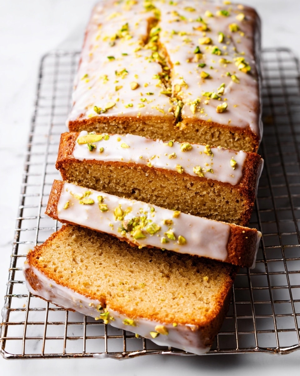 A close-up of two slices of light brown, moist cake with a crumbly texture, resting on a white marbled surface with a layer of white creamy icing on one side, sprinkled with crushed green pistachios; a silver fork holds a bite-sized piece of cake with icing, placed in the front, and a blurred second slice with a silver fork in the background. Photo taken with an iphone --ar 4:5 --v 7