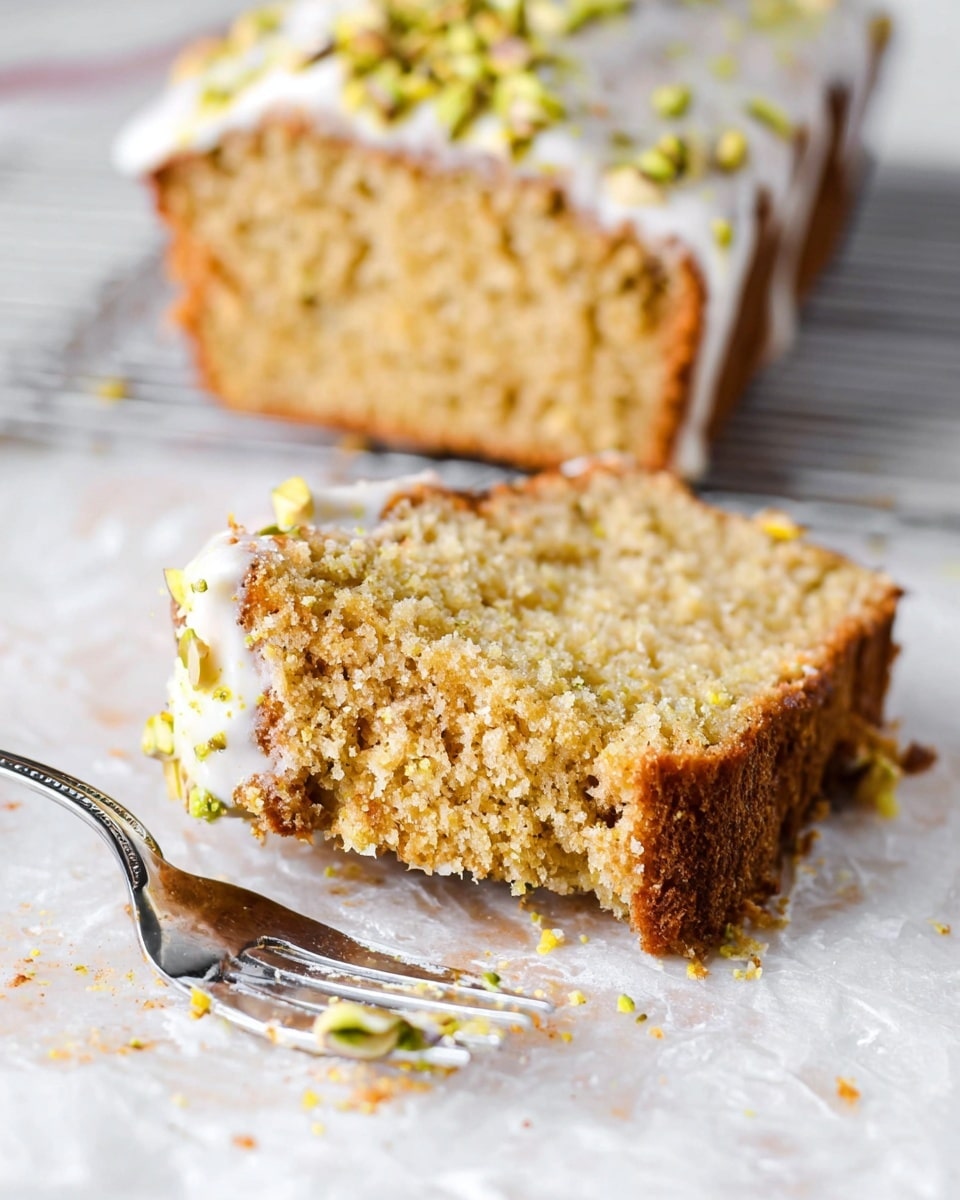 A rectangular brown cake with a coarse texture is partially sliced into three thick pieces, revealing its soft, moist inside. It is topped with a smooth white glaze that drips unevenly down the sides, and the glaze is sprinkled with small, greenish-yellow crushed pistachio nuts. The cake rests on a silver cooling rack over a white marbled surface, with bright lighting highlighting the texture and colors. photo taken with an iphone --ar 4:5 --v 7