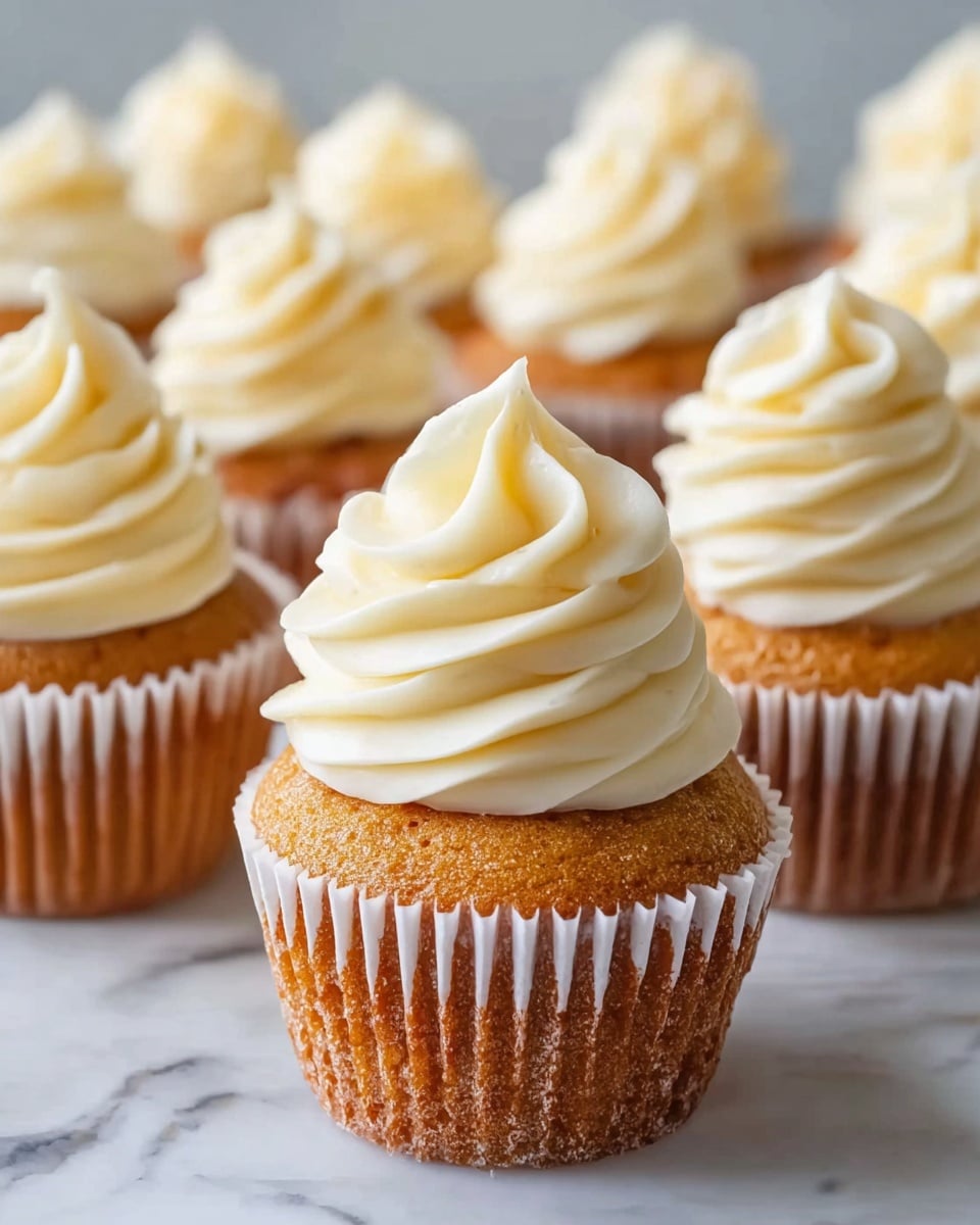 A close-up view of several cupcakes arranged in a group on a white marbled surface, each with two main layers: the bottom layer is a golden brown cupcake with a soft, slightly porous texture, wrapped in white paper liners, and the top layer is a thick swirl of smooth, creamy white frosting piped in a spiral shape with a slight peak. The cupcakes are evenly spaced with a shallow depth of field focusing on the nearest cupcake, creating a soft blur on the others in the background. The lighting highlights the softness and fluffiness of both the cake and the frosting. Photo taken with an iphone --ar 4:5 --v 7