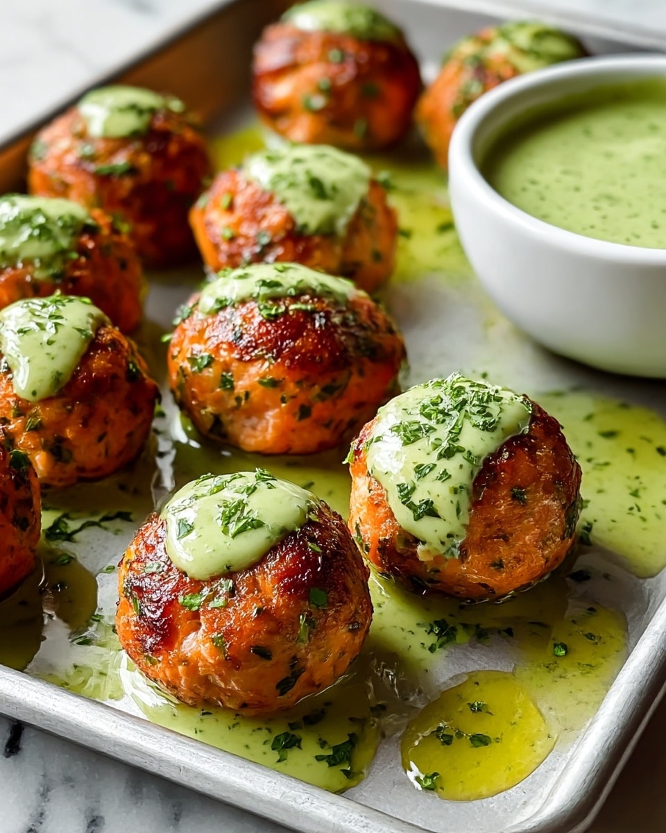 The image shows a tray with several round, golden-brown salmon meatballs that have a slightly crispy texture. Each meatball is topped with a smooth, light green sauce and sprinkled with finely chopped green herbs. There are small pools of oil around the meatballs, giving a shiny look to the tray. At the back right of the tray, there is a white bowl filled with the same light green sauce. The tray is set on a white marbled surface. photo taken with an iphone --ar 4:5 --v 7