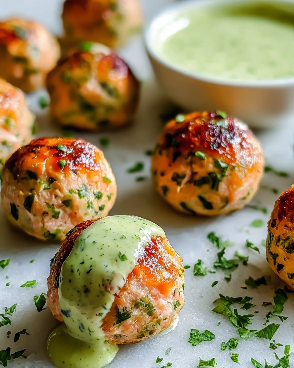 The image shows several small, round salmon meatballs with a golden-brown, slightly crispy top layer speckled with green herbs throughout the pinkish salmon base. One meatball in the front is covered in a light green creamy sauce that drips down its sides, adding a smooth texture contrast. The meatballs are arranged on a white marbled surface, sprinkled with fresh chopped green herbs for garnish. In the background, there is a white bowl filled with more of the pale green sauce. The lighting highlights the moist, juicy texture of the meatballs and the creamy sauce. photo taken with an iphone --ar 4:5 --v 7