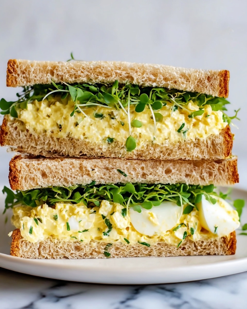 The image shows a close-up view of a sandwich cut in half, stacked with two slices of light brown, whole grain bread with a soft, slightly porous texture. Between the bread layers, there is a thick layer of creamy yellow egg salad mixed with small pieces of white egg whites and sprinkled with fresh green herbs. On top of the egg salad, there is a layer of vibrant green leafy sprouts that add a fresh texture. The sandwich is placed on a white plate with a white marbled surface underneath. Photo taken with an iphone --ar 4:5 --v 7