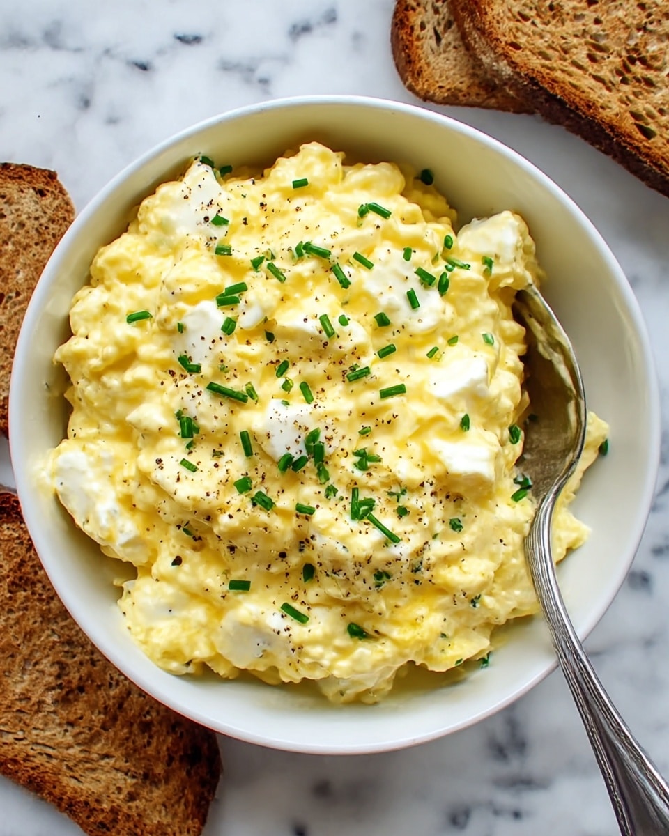 A white bowl filled with creamy egg salad showing about two layers mixed together with soft, yellow mashed egg yolk and chopped white egg whites; the top layer sprinkled with small green chive pieces and some black pepper, with a silver spoon partially inside the bowl; the bowl sits on a white marbled surface with two pieces of toasted brown bread nearby; photo taken with an iphone --ar 4:5 --v 7