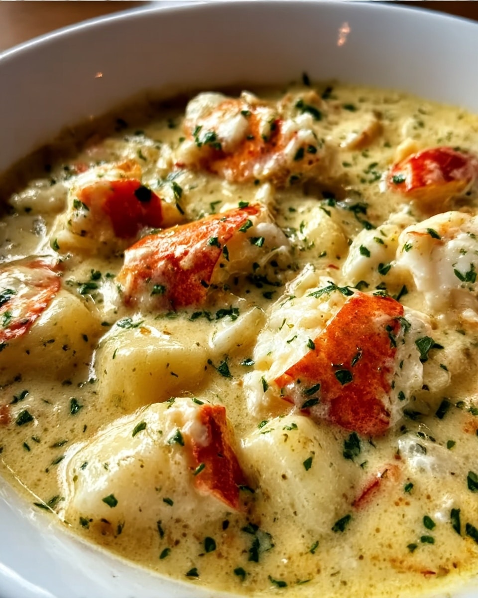 A close-up view of a creamy seafood dish served in a white bowl, showing chunks of white fish and orange-red lobster or crab meat mixed in a thick, pale yellow sauce with visible herbs scattered all over the top, adding green flecks for contrast; the texture of the sauce appears smooth and rich, coating each piece well. photo taken with an iphone --ar 4:5 --v 7