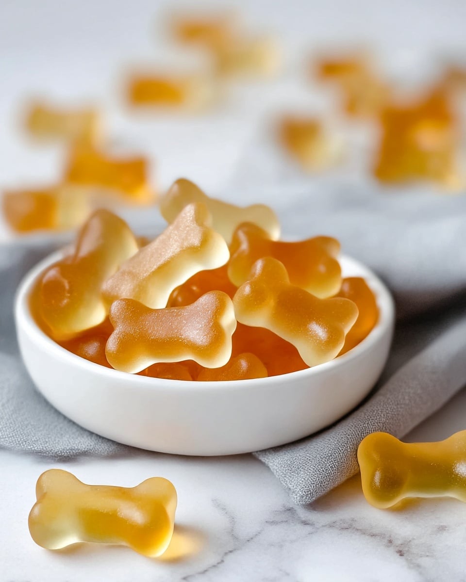 A white bowl filled with translucent gummy candies shaped like small bones, with colors varying from light golden yellow to amber orange, giving a shiny and slightly sparkly texture; one bone-shaped candy lies outside the bowl on a white marbled surface, matching the bowl’s color, with a soft natural light highlighting the glossy details and smooth contours of each candy photo taken with an iphone --ar 4:5 --v 7