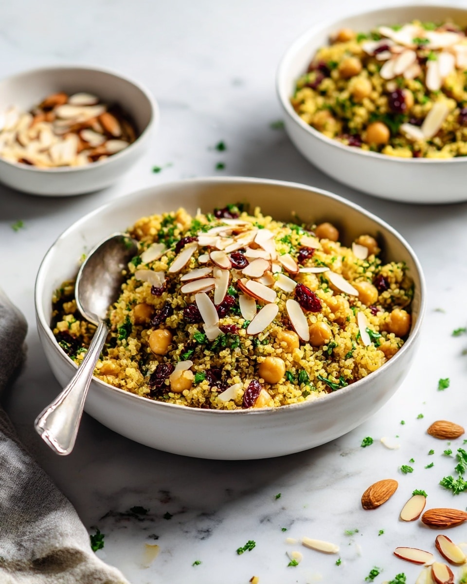 A large shallow white bowl filled with a mix of yellow quinoa, light beige chickpeas, dark red dried cranberries, and green chopped parsley, creating a textured and colorful layered salad; the top layer is garnished with thin, pale toasted almond slices scattered evenly. A silver spoon rests inside the bowl on the left side. In the background, two smaller white bowls hold more of the salad and extra almond slices, all set on a white marbled surface with some almond slices and parsley leaves scattered around, soft natural light highlighting the dish. Photo taken with an iphone --ar 4:5 --v 7