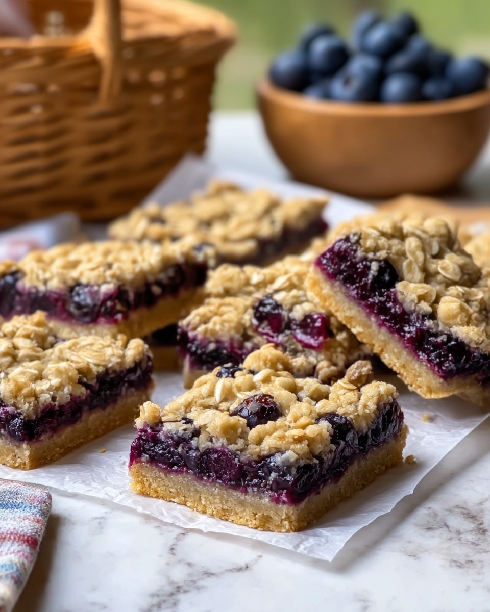 The image shows several rectangular blueberry oat bars arranged on white parchment paper. Each bar has three distinct layers: a bottom layer of light golden crumbly oat crust, a middle layer filled with dark purple whole blueberries that look juicy and soft, and a top layer of golden oat crumble with visible oat flakes and a rough, chunky texture. The bars are placed on a white marbled surface, with a blurred wicker basket and a small wooden bowl of fresh blueberries in the background. The overall look is rustic and homemade, with natural light highlighting the textures and colors. photo taken with an iphone --ar 4:5 --v 7