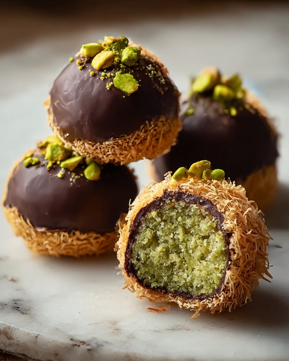 The image shows four round dessert balls on a white marbled surface. Each ball has three main layers: a green crumbly center, a smooth dark chocolate covering around the center, and a light brown crispy shredded outer layer. On top of each ball, there are small green nut pieces sprinkled as decoration. One ball is cut open, clearly showing the inside green crumbly layer surrounded by the dark chocolate, with the crispy shredded layer encasing the outside. The balls have a shiny, rich look with texture contrasts between the smooth chocolate and crunchy outer layer. photo taken with an iphone --ar 4:5 --v 7