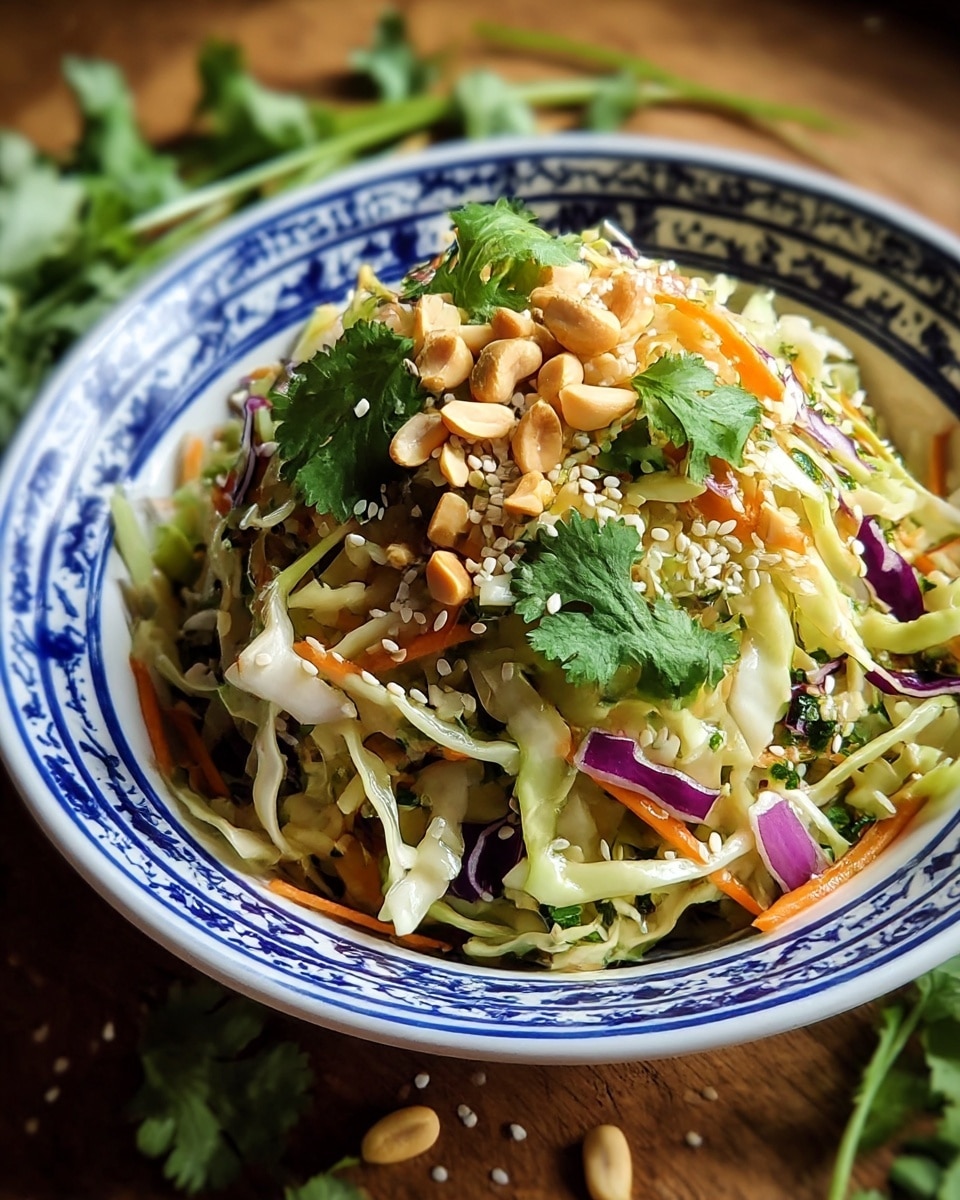 A white bowl with blue patterns on the rim holds a fresh salad with thin light green cabbage strips forming the base layer, mixed with small thin orange carrot pieces and small purple onion bits. On top, bright green cilantro leaves are scattered with a few light brown peanuts and white sesame seeds sprinkled all over, giving a mix of colors and textures. The bowl sits on a wooden surface, with a few cilantro leaves and sesame seeds around it. photo taken with an iphone --ar 4:5 --v 7