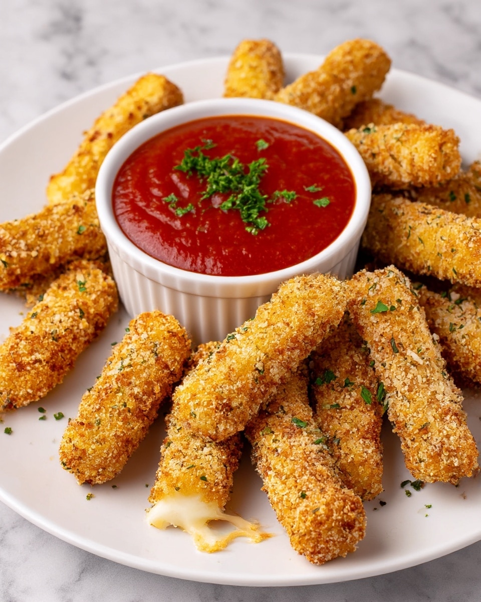 A pile of golden brown, crispy mozzarella sticks coated with a crunchy breadcrumb layer scattered with small green herb bits, arranged around a small white ramekin filled with thick, bright red marinara sauce topped with chopped parsley on a white plate. The plate rests on a white marbled surface, and the mozzarella sticks have some melted cheese spots peeking through the coating. photo taken with an iphone --ar 4:5 --v 7