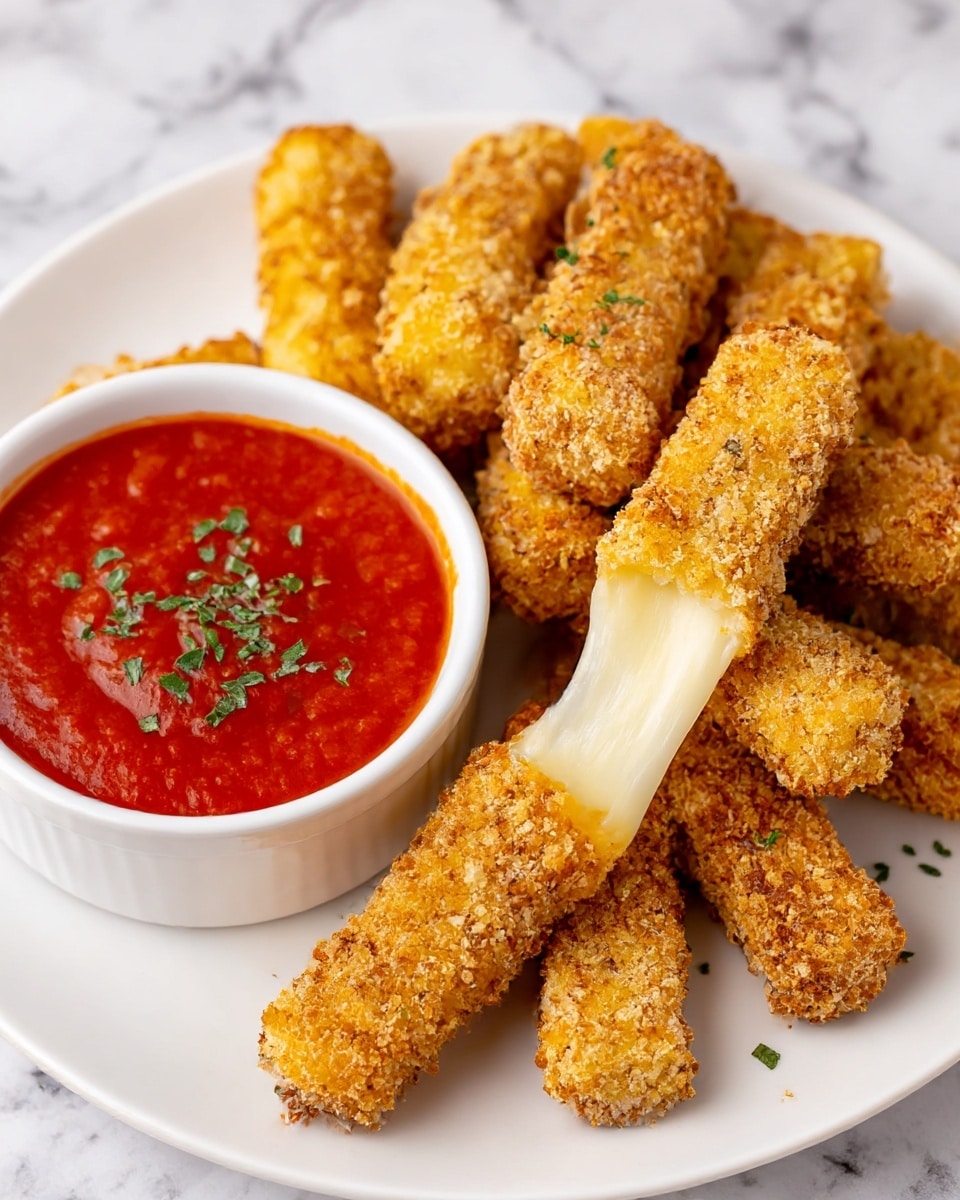 A white plate holds many golden breadcrumb-coated mozzarella sticks arranged in a loose pile. One mozzarella stick is lifted slightly, showing melted, stretchy cheese inside with a smooth, glossy texture. Next to the sticks on the plate is a small white bowl filled with bright red marinara sauce, topped with small green herb pieces. The plate is on a white marbled surface. photo taken with an iphone --ar 4:5 --v 7