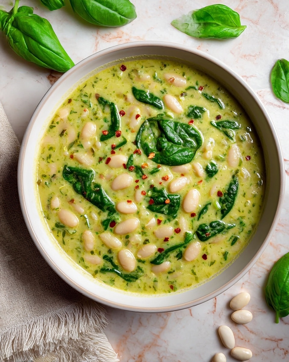 A shallow white bowl holds a creamy green soup filled with three main visible layers: a light green broth with specks of darker green herbs as the base layer, a middle layer of small white beans scattered evenly throughout, and scattered dark green spinach leaves resting on top. The surface is dotted with tiny red pepper flakes adding a splash of color. The bowl is set on a white marbled texture with some fresh green basil leaves arranged around it, a light beige cloth with fringed edges partially visible at the bottom left, and a few white beans scattered on the surface near the bottom right. photo taken with an iphone --ar 4:5 --v 7