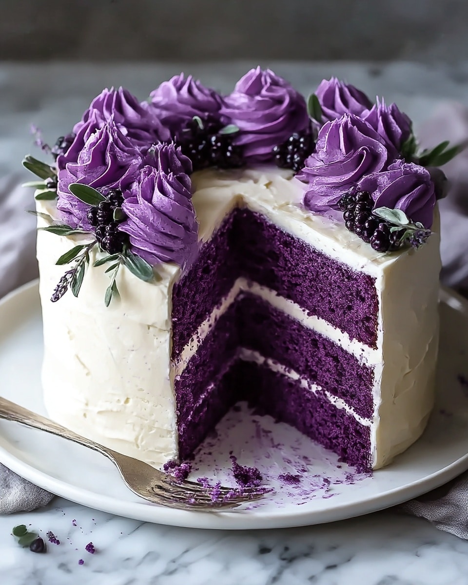 A two-layer purple cake with a thick white frosting between the layers and covering the outside, placed on a white plate. The top of the cake is decorated with large swirls of bright purple cream and sprigs of small green leaves and dark berries arranged evenly around the edge. A slice is cut out showing the moist purple cake inside with white frosting in the middle. A silver fork with some crumbs on it rests on the plate next to the cake. The scene has a white marbled texture as the surface, and the photo taken with an iphone --ar 4:5 --v 7