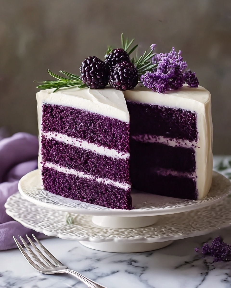 A two-layer deep purple cake with a soft and moist texture is covered with smooth white frosting on the sides and top. Each layer is separated by a thin white frosting filling. The cake is placed on a white cake stand with a patterned white plate on top. The cake top is decorated with three dark purple berries, a sprig of green rosemary, and small clusters of purple flowers. The scene is set on a surface with a white marbled texture, with a silver fork resting nearby. Photo taken with an iphone --ar 4:5 --v 7