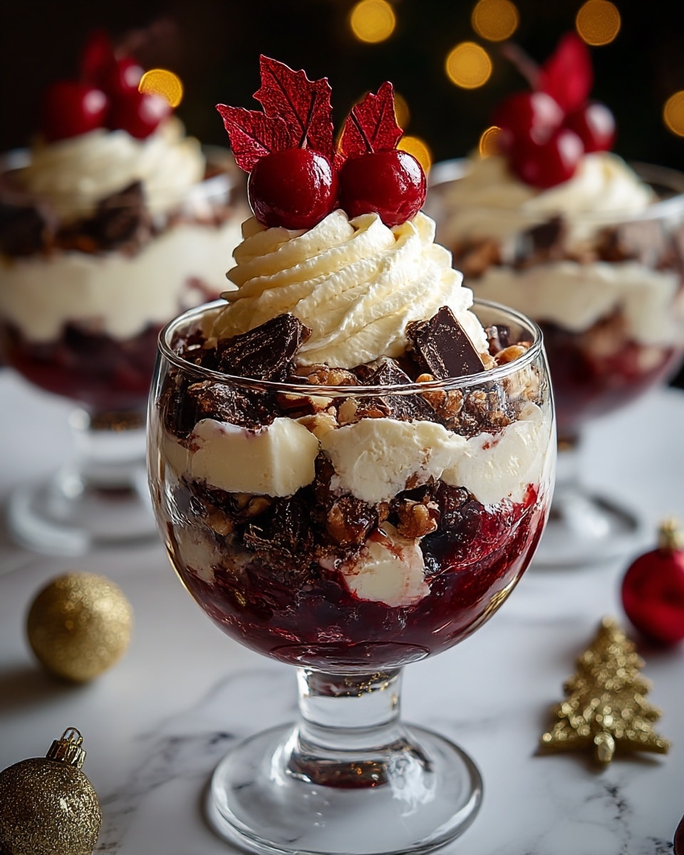 A clear glass dessert cup holds a layered dessert with a dark red fruit base at the bottom, topped by chunks of white cream and crumbly brown nuts mixed with dark brown chocolate pieces, layered unevenly. Above this is a swirl of light cream, crowned by shiny red cherries and red edible leaves. The glass cup stands on a white marbled surface, with two similar dessert cups blurred in the background and small festive gold decorations around. photo taken with an iphone --ar 4:5 --v 7