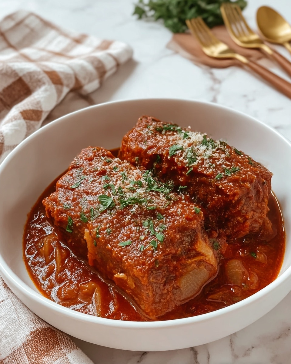 The image shows a white bowl filled with two thick, rectangular pieces of meat covered in a rich, reddish-brown tomato sauce. The meat looks tender and moist, soaking in the sauce, which has a smooth texture with small bits of cooked onions visible. There is a sprinkle of finely chopped green herbs and a dusting of grated cheese on top of the meat, adding contrast to the deep colors. The bowl is placed on a white marbled surface with a white and brown checkered cloth nearby, and gold and wooden cutlery in the background. Photo taken with an iphone --ar 4:5 --v 7