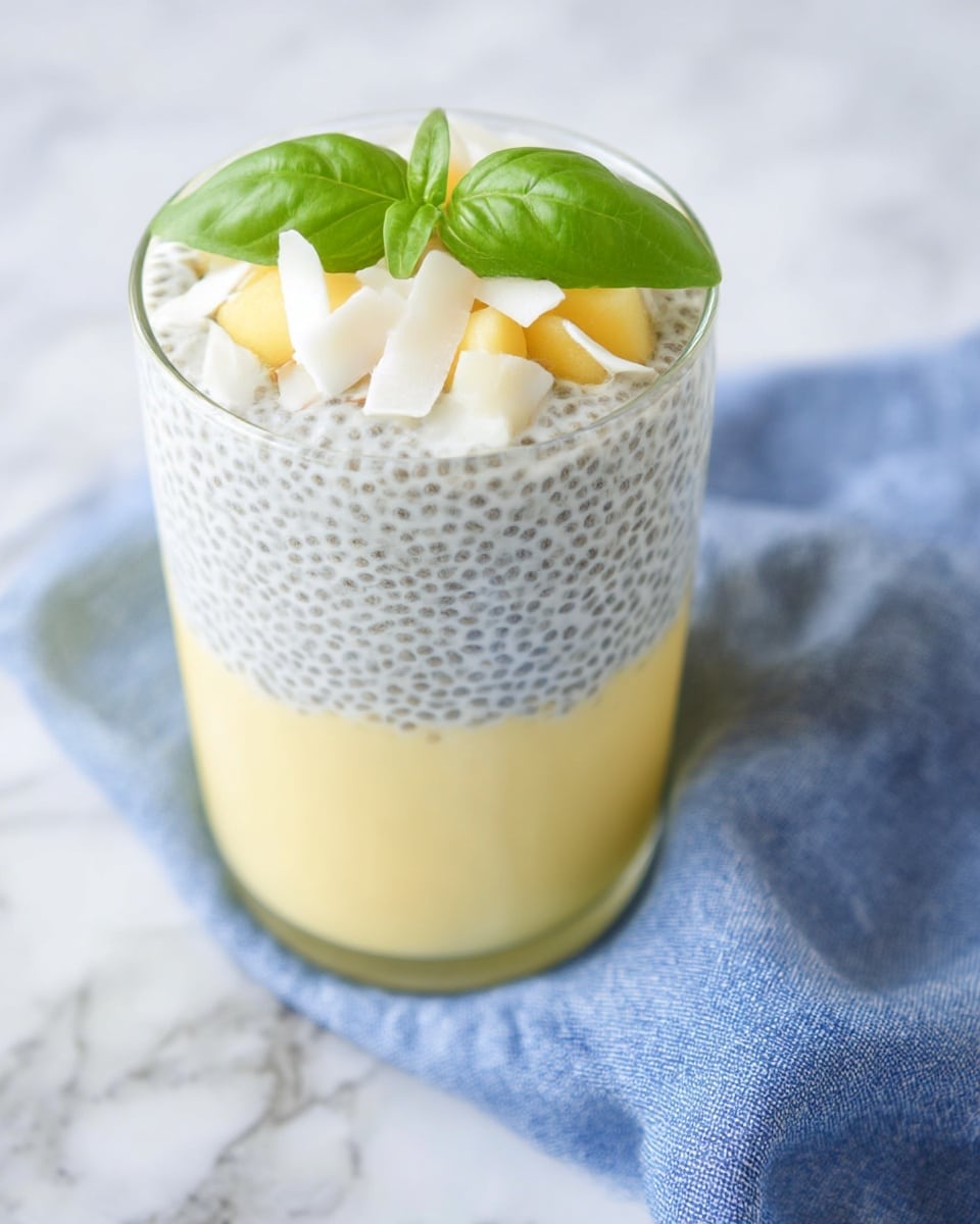 A clear glass holds two layers of a dessert placed on a white marbled surface with a blue and white cloth underneath. The bottom layer is smooth and creamy, colored pale yellow. Above it is a thick layer of white chia pudding spotted with tiny dark seeds, creating a speckled texture. The top is garnished with small pieces of white coconut flakes, light yellow chunks, and a fresh green basil leaf sitting in the center. Photo taken with an iphone --ar 4:5 --v 7