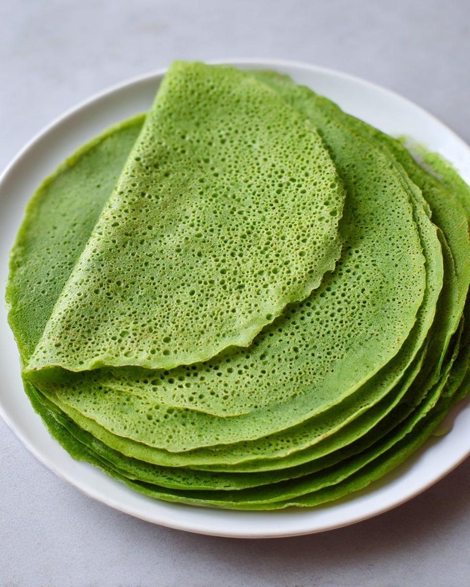 A stack of five green crepes sits on a round white plate placed on a white marbled surface. The crepes have a thin, soft texture with visible small holes evenly spread across each layer. The top crepe is partially folded back from the bottom left side, showing the smooth and slightly glossy surface beneath it. Each crepe is bright green, with slight variations in shade and texture giving a fresh, natural look. photo taken with an iphone --ar 4:5 --v 7