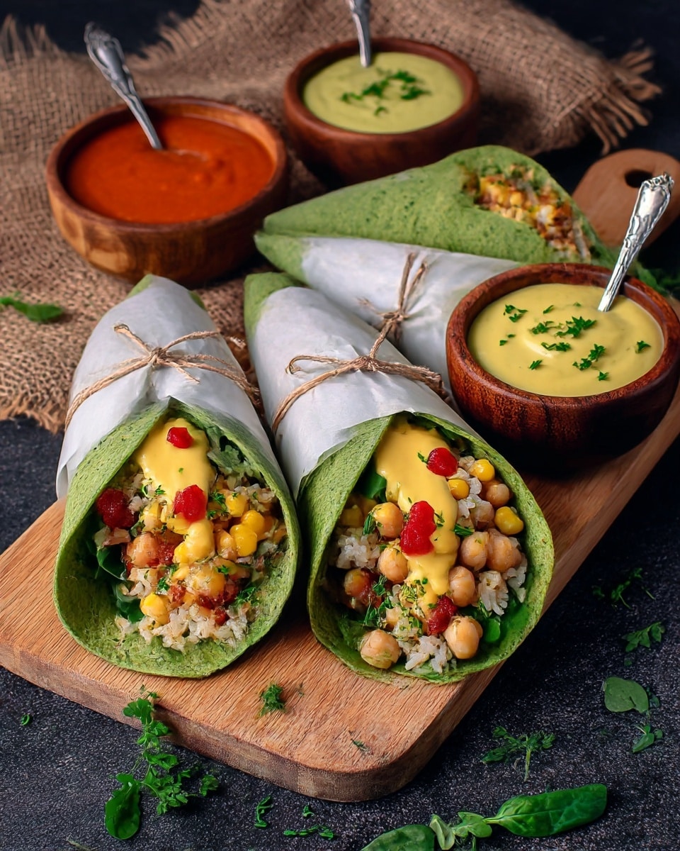 Four green tortillas folded into cones rest on a wooden board with their tops open, showing layers of cooked rice, chickpeas, corn, green bell peppers, and small red sauce dollops, all topped with a yellow creamy sauce and sprinkled fresh green herbs. Each tortilla cone is partially wrapped with white paper tied with thin brown string near the top. Behind the cones are two small wooden bowls, one filled with a smooth red sauce and the other with a creamy yellow sauce garnished with green herb pieces, each with a small silver spoon inside. Some scattered fresh herb leaves are around the board, all set on a dark surface with a piece of coarse burlap fabric in the background. photo taken with an iphone --ar 4:5 --v 7