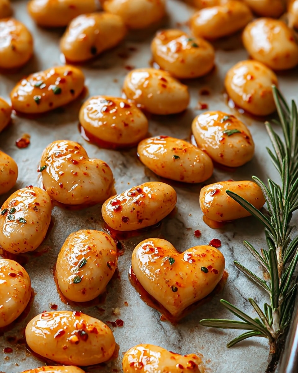 A close-up view of many roasted white beans on a baking tray covered with parchment paper. Each bean is glossy with a shiny layer of oil, sprinkled with red paprika powder and small green herb flakes. Some beans are heart-shaped, and there is a fresh green sprig of rosemary placed on the right side of the tray. The background shows a white marbled texture. photo taken with an iphone --ar 4:5 --v 7