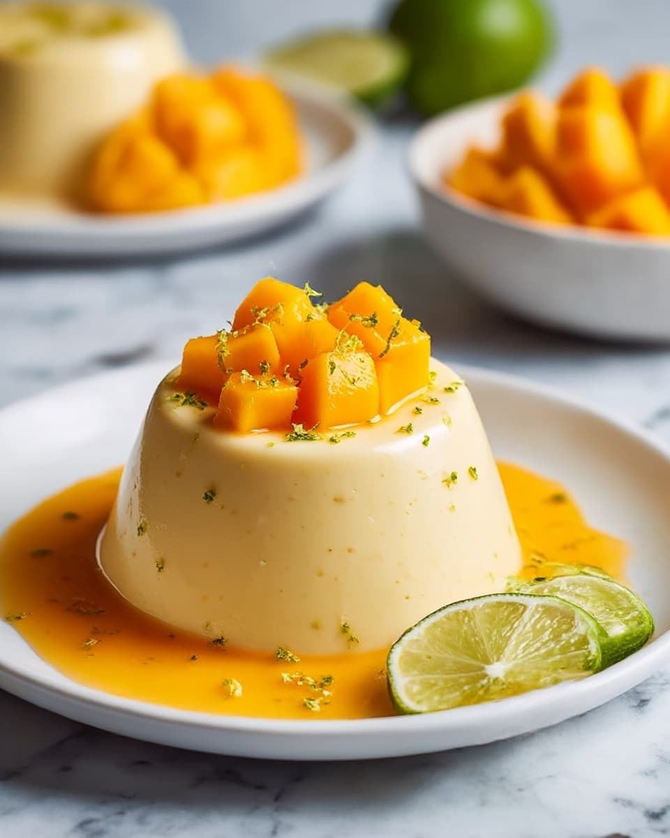 A smooth, creamy light yellow panna cotta shaped like a small dome sits in the center of a white plate, topped with bright orange mango cubes and sprinkled with small bits of green zest. Around the panna cotta's base, there is a shiny, thick orange sauce that pools slightly on the plate. To the side, there is a fresh lime slice and more orange mango cubes. The setting features a white marbled surface with blurred a lime half and a bowl of mango cubes in the background, adding a fresh and vibrant feel. photo taken with an iphone --ar 4:5 --v 7