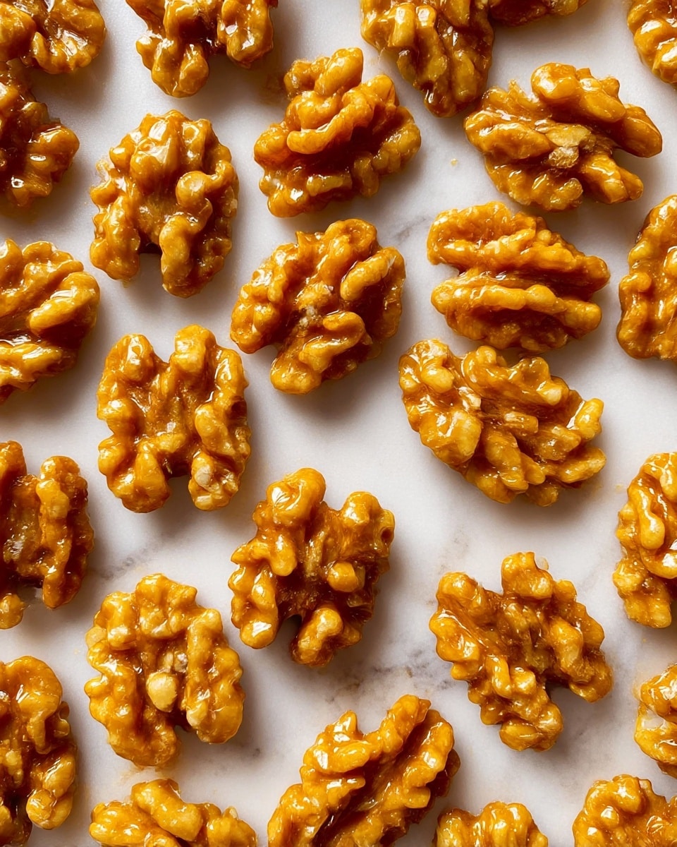 A close-up view of many walnut halves spread out evenly on a white marbled surface, each walnut coated in a shiny, golden caramel glaze that gives a glossy texture. The caramel forms thin sticky layers over the ridges and curves of the walnut's rough, wrinkled surface, with occasional small bubbles visible in the caramel. The walnuts are a warm amber color with darker brown shadows in their grooves, and the bright caramel adds a soft reflective shine on their tops. The background is smooth and clean with light veins of gray within the white marble, making the nuts stand out visually. photo taken with an iphone --ar 4:5 --v 7