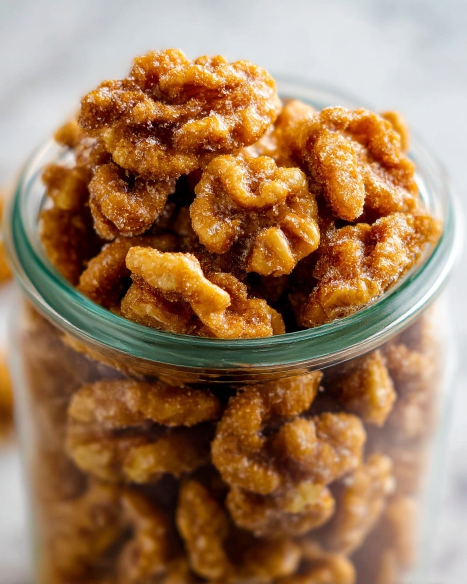 A close-up view of a tall clear glass jar filled to the top with golden brown candied walnuts, showing their rough and sugary texture with visible sugar crystals and coating. The walnuts are layered densely inside the jar, with a few larger walnut pieces on top catching the light, emphasizing their crunchy look. The background and surface are a soft white marbled texture that softly blurs out. photo taken with an iphone --ar 4:5 --v 7