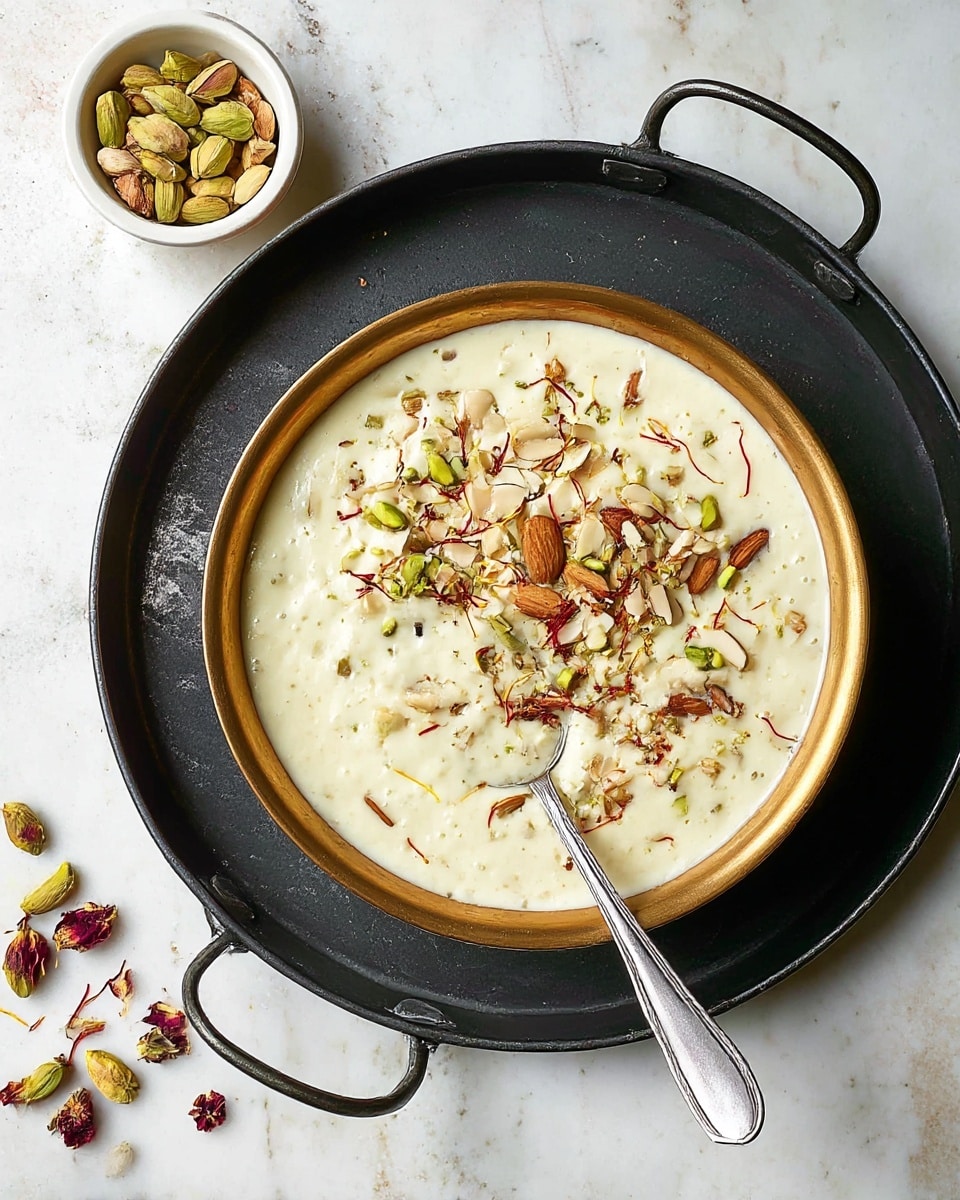 A decorative golden bowl holds a creamy white pudding topped with a mix of chopped almonds, pistachios, and saffron strands scattered unevenly on the surface. The bowl sits inside a large round black metal tray with thin handles on each side, resting on a white marbled surface. A silver spoon is placed in the pudding, with its handle resting on the tray's edge. To the top left, a small white bowl contains more chopped nuts, and a few green cardamom pods and dried rose petals are scattered on the tray near the bowl photo taken with an iphone --ar 4:5 --v 7