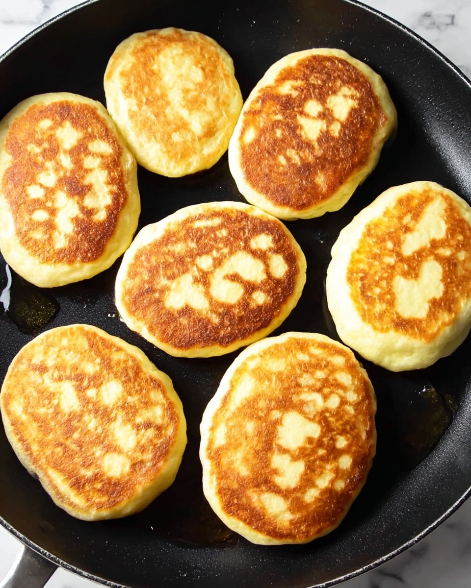 Six thick oval pancakes are cooking in a black pan. Each pancake has a golden-brown center with some lighter yellow spots scattered on top, and pale yellow edges that are soft and slightly raised. The surface of the pancakes looks crispy and evenly browned, contrasting with their smooth, soft sides. The pan has a few small drops of oil glistening around the pancakes, and it rests on a white marbled surface. photo taken with an iphone --ar 4:5 --v 7